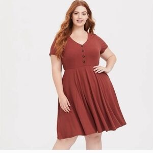 Torrid Mini-Ribbed Button-Front Burnt Orange Skater Dress